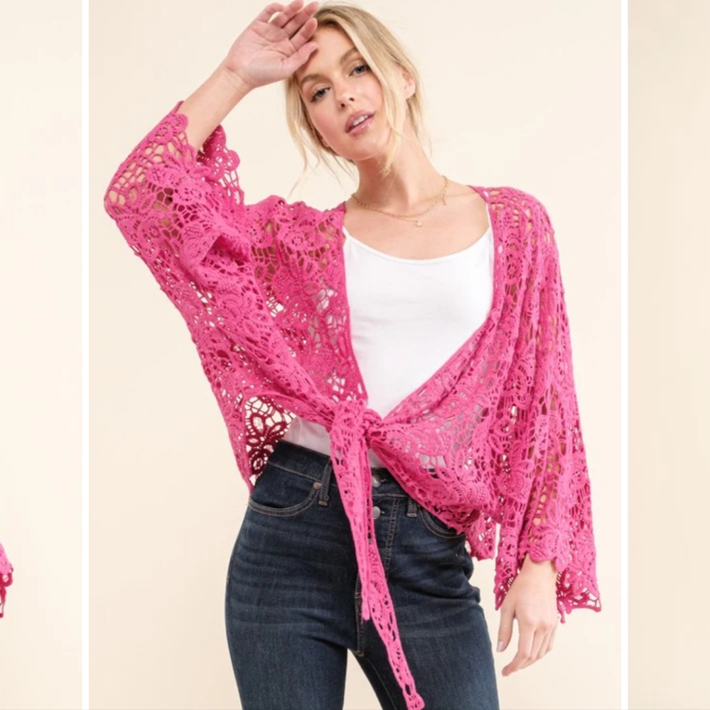Pink Crochet Tie Front Cardigan Layering - Picture 3 of 6